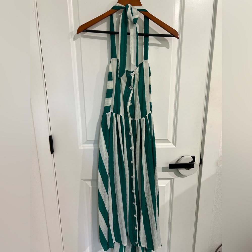 Boohoo Green and White Striped Midi Dress